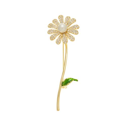 Broche zircon, laiton, avec Shell Pearl, fleur, bijoux de mode & pavé de micro zircon & pour femme, Or, protéger l'environnement, sans nickel, plomb et cadmium, 62x20mm, Vendu par PC