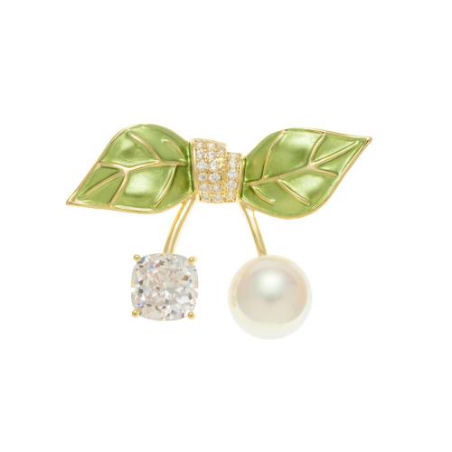 Cubic Zirconia Broche, Messing, med Mabe Pearl & emalje, Leaf, mode smykker & Micro Pave cubic zirconia & for kvinde, flere farver til valg, nikkel, bly & cadmium fri, 37x25mm, Solgt af PC