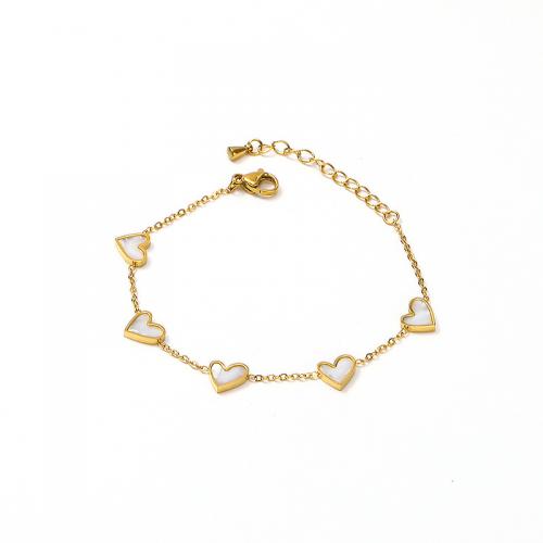 Pulseira de aço titânio, Partículas de aço, with concha branca, with 4CM extender chain, Coração, para mulher, dourado, comprimento Aprox 15.5 cm, vendido por PC