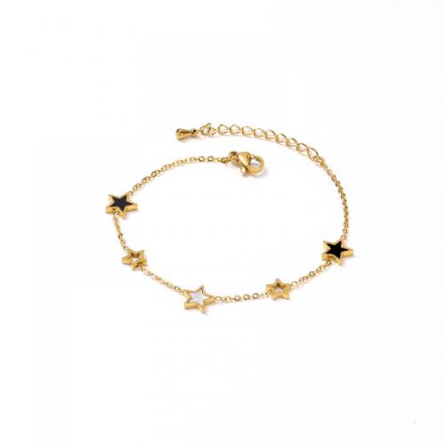 Pulseira de aço titânio, Partículas de aço, with concha preta & concha branca, with 4CM extender chain, Estrela, para mulher, dourado, comprimento Aprox 16.5 cm, vendido por PC