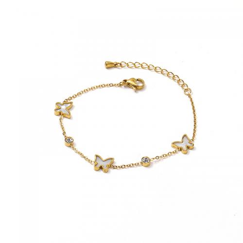 Pulseira de aço titânio, Partículas de aço, with concha branca, with 4CM extender chain, micro pavimento em zircônia cúbica & para mulher, dourado, comprimento Aprox 15.5 cm, vendido por PC