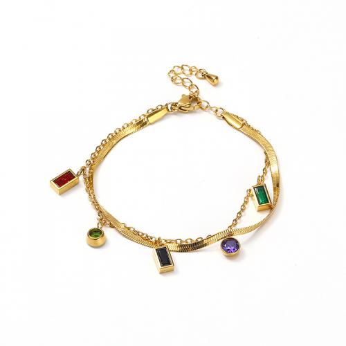 Pulseira de aço titânio, Partículas de aço, with 4CM extender chain, micro pavimento em zircônia cúbica & para mulher, dourado, comprimento Aprox 16 cm, vendido por PC