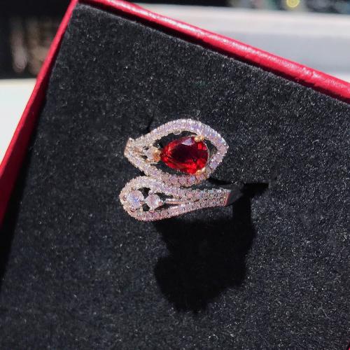 Brass Finger Ring with Crystal platinum plated fashion jewelry & for woman & with rhinestone red nickel lead & cadmium free inner mm Sold By PC