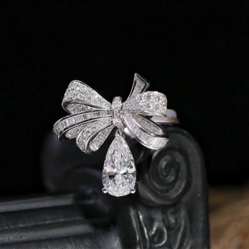 Messing fingerring, Bowknot, platineret, mode smykker & for kvinde & med rhinestone, klar, nikkel, bly & cadmium fri, inner diameter:17-18mm, Solgt af PC