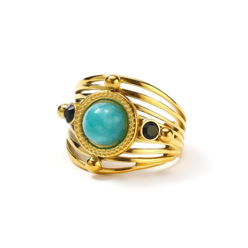 Bague acier titane, avec turquoise, pavé de micro zircon & pour femme, doré, Vendu par PC