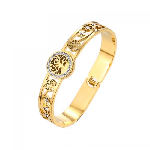 Titanium Staal Bangle, Tree of Life, gold plated, uniseks & met strass & hol, Binnendiameter:Ca 50x60mm, Verkocht door PC