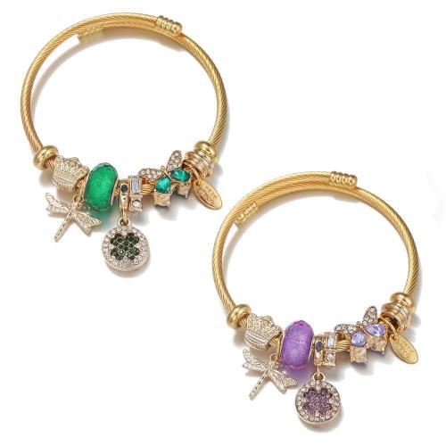 304 roestvrij staal European Bangle, met zink legering kraal & Hars, Vlinder, gold plated, voor vrouw & met strass, meer kleuren voor de keuze, Binnendiameter:Ca 60mm, Verkocht door PC