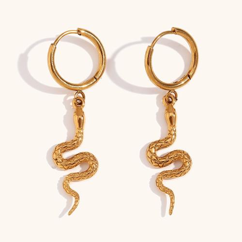 Aço inoxidável 316L Huggie Hoop Brinco Pendente, Cobra, 18K banhado a ouro, joias de moda & para mulher, 41.30x13.50mm, vendido por par