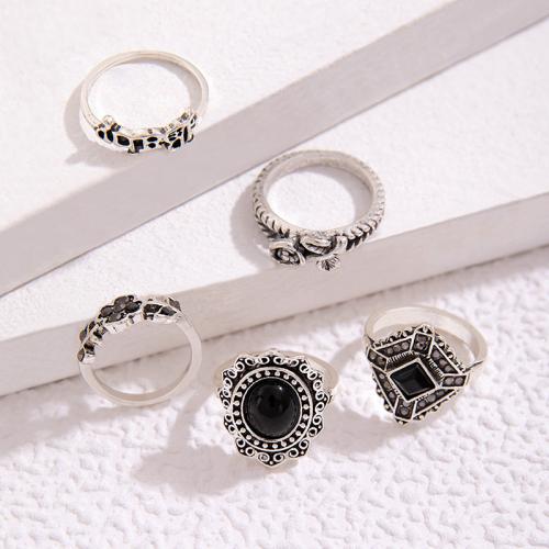 Sinc Alloy Ring Set, 5 phíosa & unisex & cruan & le rhinestone, nicil, luaidhe & caidmiam saor in aisce, Díolta De réir Socraigh