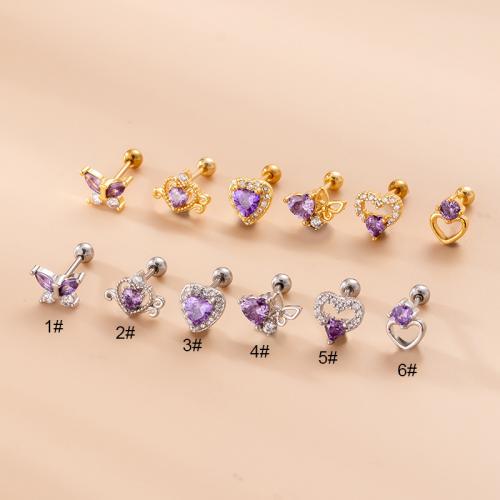 Acier inoxydable 304 piercing oreille, avec laiton, coeur, Placage, 6 pièces & pavé de micro zircon & pour femme, plus de couleurs à choisir, 6x0.80mm, Vendu par fixé