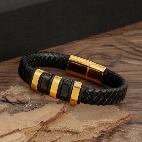 Bracelet cordon en cuir, Acier inoxydable 304, avec cordon en cuir, Placage, bijoux de mode & pour homme, plus de couleurs à choisir, protéger l'environnement, sans nickel, plomb et cadmium, Longueur Environ 21.5 cm, Vendu par PC