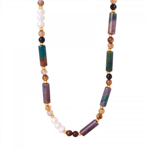 Collier bijoux de pierre gemme, Pierre naturelle, avec Acier titane & perle d'eau douce cultivée, bijoux de mode & pour femme, Longueur Environ 38 cm, Vendu par PC