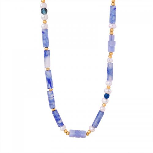 Gemstone Jewelry karoliai, Sodalite, su Titano plienas & Gėlo vandens perlų, Bižuterijos & moters, Ilgis Apytiksliai 42 cm, Pardavė PC