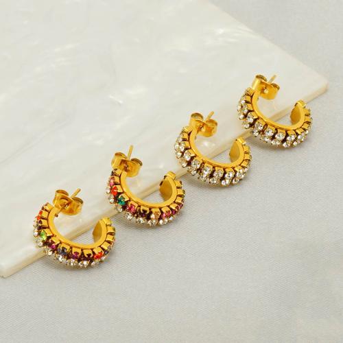 Stainless Steel Stud Earrings 304 Stainless Steel 18K gold plated fashion jewelry & for woman & with rhinestone golden Sold By Pair