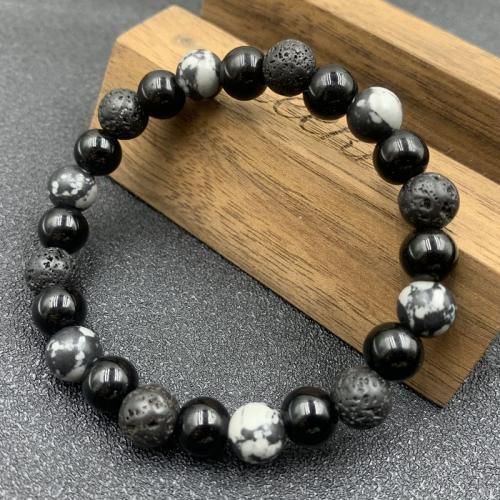 Bracelets de pierres précieuses, lave volcanique, avec Des billes de verre & obsidien flocon de neige, Rond, fait à la main, bijoux de mode & élastique & unisexe & normes différentes pour le choix, plus de couleurs à choisir, Longueur Environ 19 cm, Vendu par PC