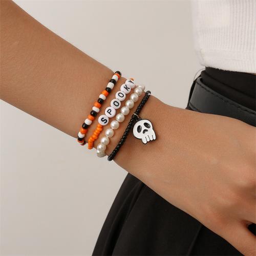 Halloween Bracelet Seedbead with ABS Plastic Pearl & Iron Cat fashion jewelry Sold By Set