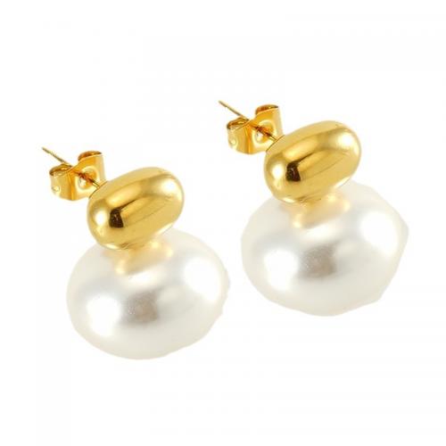 Roestvrij staal Stud Earrings, 304 roestvrij staal, met Plastic Pearl, mode sieraden & voor vrouw, gouden, nikkel, lood en cadmium vrij, 19x16mm, Verkocht door pair