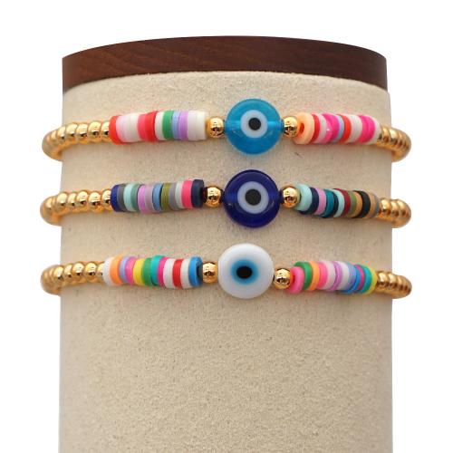 Evil Eye Jóias Pulseira, argila de polímero, with vidrilho & cobre, Roda plana, cromado de cor dourada, joias de moda & para mulher, Mais cores pare escolha, comprimento Aprox 18 cm, vendido por PC