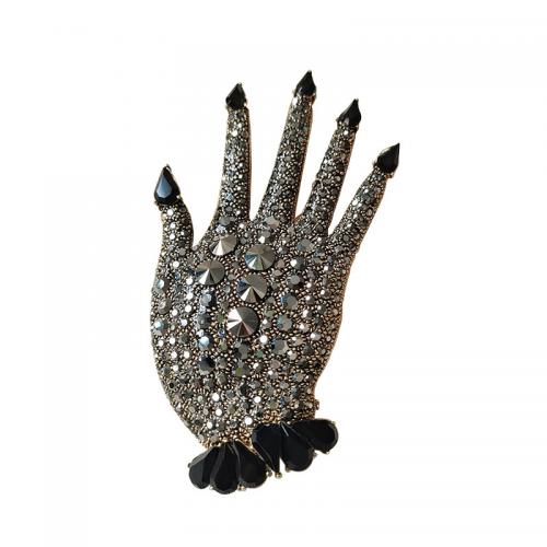 Zinklegering broches, Zinc Alloy, Hand, gold plated, mode sieraden & uniseks & met strass, zwart, 53x94mm, Verkocht door PC