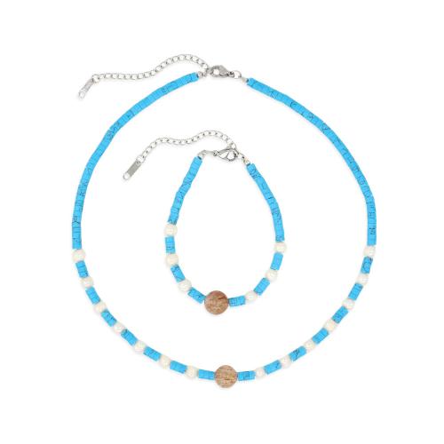 ensemble de bijoux turquoise, turquoise synthétique, avec Pierre naturelle & perle d'eau douce cultivée & Acier inoxydable 304, avec 5cm chaînes de rallonge, bijoux de mode & styles différents pour le choix & pour femme, plus de couleurs à choisir, Longueur Environ 17 cm, Environ 40 cm, Vendu par PC