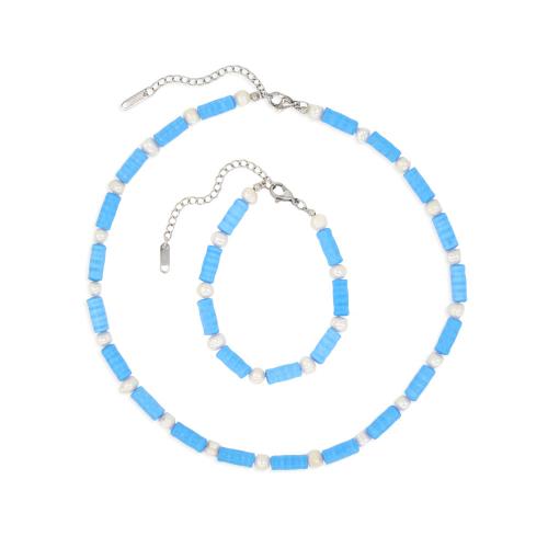 Conjuntos de joyería de la resina, con Perlas cultivadas de agua dulce & acero inoxidable 304, con 5cm extender cadena, diferentes estilos para la opción & para mujer, más colores para la opción, longitud aproximado 17 cm, aproximado 40 cm, Vendido por UD