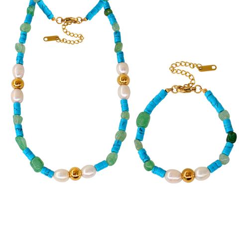 ensemble de bijoux turquoise, turquoise synthétique, avec pierre gemme & perle d'eau douce cultivée & Acier inoxydable 304, avec 5cm chaînes de rallonge, bijoux de mode & styles différents pour le choix & pour femme, plus de couleurs à choisir, Longueur Environ 17 cm, Environ 40 cm, Vendu par PC