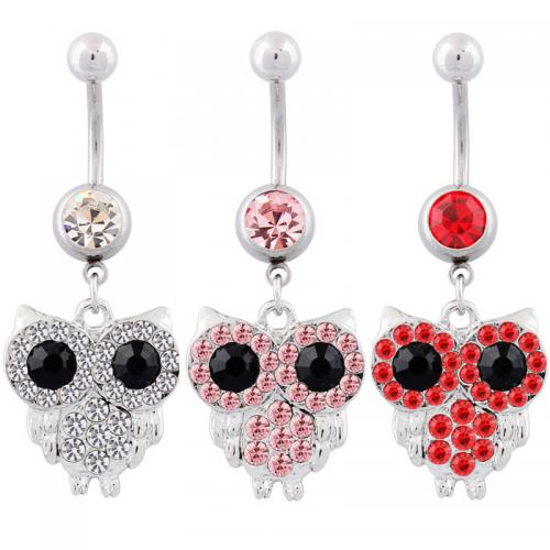 Rustfrit stål Belly Ring, 316 Stainless Steel, med Zinc Alloy, Owl, sølvfarvet forgyldt, mode smykker & for kvinde & med rhinestone, flere farver til valg, Solgt af PC