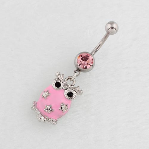 Rustfrit stål Belly Ring, 316 Stainless Steel, med Zinc Alloy, Owl, sølvfarvet forgyldt, mode smykker & for kvinde & emalje & med rhinestone, flere farver til valg, Solgt af PC