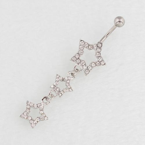 Rustfrit stål Belly Ring, 316 Stainless Steel, med Zinc Alloy, Stjerne, sølvfarvet forgyldt, mode smykker & for kvinde & med rhinestone & hule, flere farver til valg, Solgt af PC