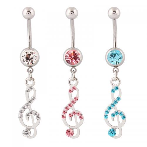 Rustfrit stål Belly Ring, 316 Stainless Steel, med Zinc Alloy, Music Note, sølvfarvet forgyldt, mode smykker & for kvinde & med rhinestone & hule, flere farver til valg, Solgt af PC