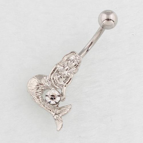 Rustfrit stål Belly Ring, 316 Stainless Steel, med Zinc Alloy, Mermaid, sølvfarvet forgyldt, mode smykker & for kvinde & med rhinestone, flere farver til valg, Solgt af PC