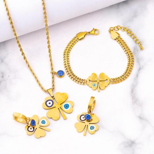 Evil Eye Schmuck-Set, Titanstahl, vierblättriges Kleeblatt, verschiedene Stile für Wahl & für Frau & Emaille, goldfarben, verkauft von PC