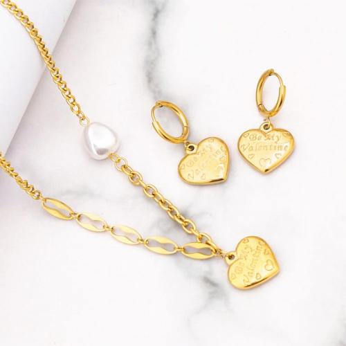 Sets de Joyas, Partículas de acero, con Perlas plásticas, Corazón, Joyería & diferentes estilos para la opción & para mujer, dorado, Vendido por UD