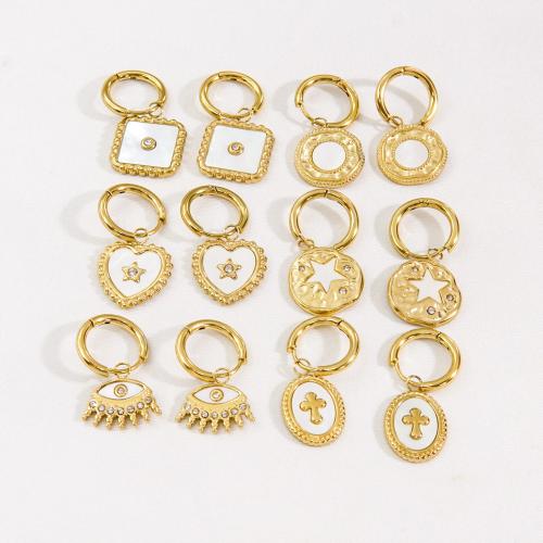 Acier inoxydable Levier Retour Earring, Acier inoxydable 304, avec coquille blanche, Plaqué d'or 14K, bijoux de mode & styles différents pour le choix & pavé de micro zircon & pour femme, protéger l'environnement, sans nickel, plomb et cadmium, Vendu par paire