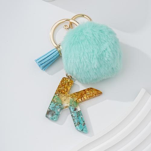 Мягкий шарик Pom Pom Keychain, цинковый сплав, с бирюза & канифоль, Алфавитное письмо, многофункциональный & Мужская & разные стили для выбора, небесно-голубой, не содержит никель, свинец, 145x70mm, продается PC