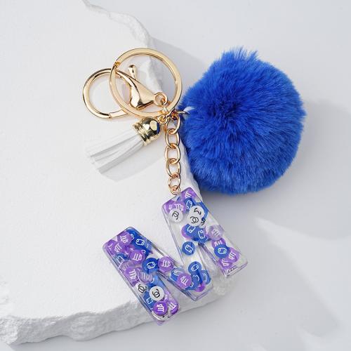 Bola de piel Pom Pom Keychain, aleación de zinc, con resina, Carta del alfabeto, multifuncional & unisexo & diferentes estilos para la opción, azul, libre de níquel, plomo & cadmio, 145x70mm, Vendido por UD