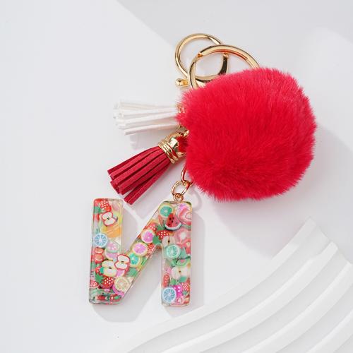 Pelzball Pom Pom Keychain, Zinklegierung, mit Harz, Alphabet-Buchstabe, Multifunktions & verschiedene Stile für Wahl & für Frau, rot, frei von Nickel, Blei & Kadmium, 145x70mm, verkauft von PC