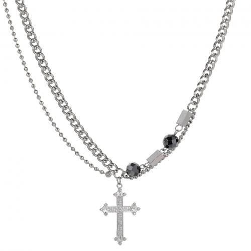 Titanium Steel Necklace with Hematite & Brass with 5CM extender chain Cross plated micro pave cubic zirconia & for man original color Length Approx 50 cm Sold By PC