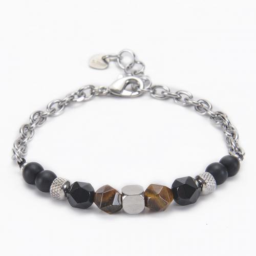 Acier inoxydable 304 bracelet, avec Abrazine Stone & oeil de tigre, Motif géométrique, fait à la main, unisexe & facettes, Longueur Environ 7-8.5 pouce, Vendu par PC