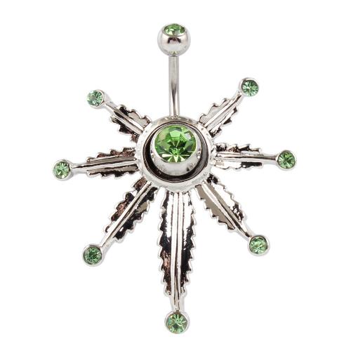 Rustfrit stål Belly Ring, 316 Stainless Steel, med Zinc Alloy, Maple Leaf, sølvfarvet forgyldt, mode smykker & Unisex & med rhinestone, grøn, Solgt af PC