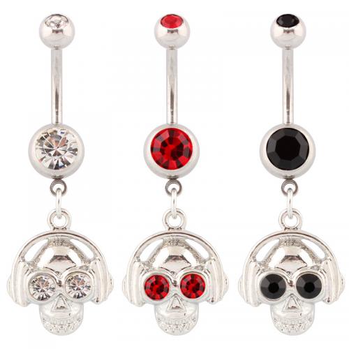 Rustfrit stål Belly Ring, 316 Stainless Steel, med Zinc Alloy, Skull, sølvfarvet forgyldt, mode smykker & for kvinde & med rhinestone, flere farver til valg, Solgt af PC