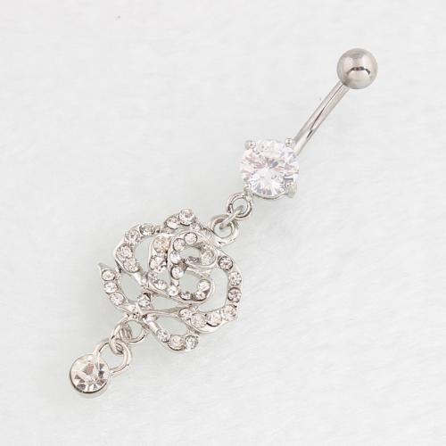 Ventre anello in acciaio inox, 316 acciaio inox, with lega in zinco, Rose, placcato color argento, gioielli di moda & per la donna & con strass & cavo, nessuno, Venduto da PC