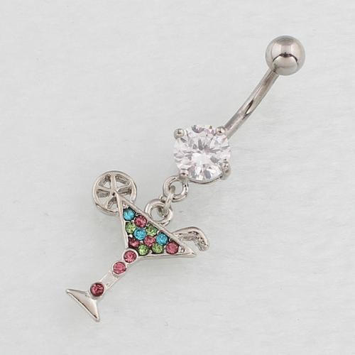 Rustfrit stål Belly Ring, 316 Stainless Steel, med Zinc Alloy, Cup, sølvfarvet forgyldt, mode smykker & for kvinde & med rhinestone, blandede farver, Solgt af PC