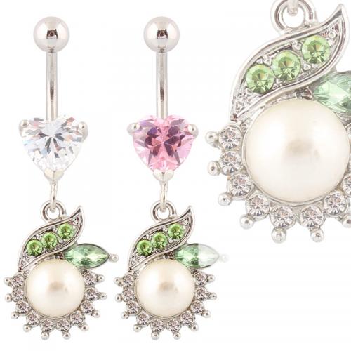 Roestvrij staal navelringen, 316 Roestvrij staal, met Plastic Pearl & Zinc Alloy, Bloem, silver plated, mode sieraden & voor vrouw & met strass, meer kleuren voor de keuze, Verkocht door PC