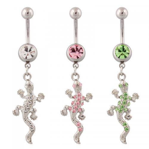 Rustfrit stål Belly Ring, 316 Stainless Steel, med Zinc Alloy, Gecko, sølvfarvet forgyldt, mode smykker & for kvinde & med rhinestone, flere farver til valg, Solgt af PC