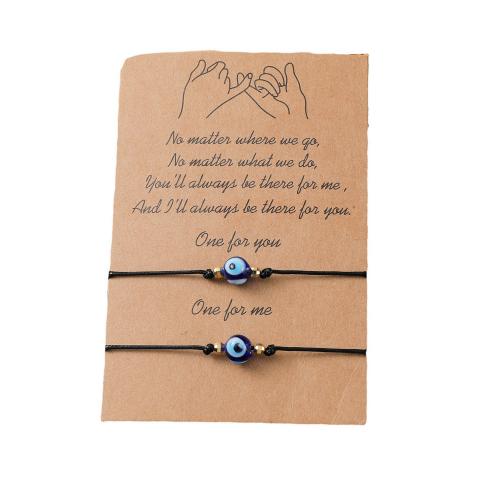 Bracelet Evil Eye bijoux, corde de cire, avec chalumeau, fait à la main, 2 pièces & bijoux de mode & motif de mauvais œil & réglable, noire, Longueur Environ 16-30 cm, Vendu par paire