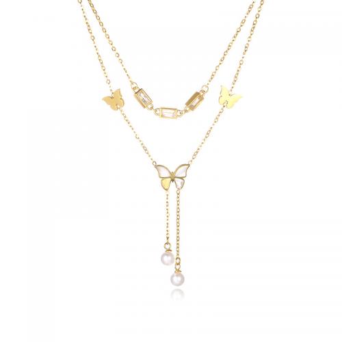 Collier de bijoux en acier inoxydable, Acier inoxydable 304, avec zircon cubique & coquille blanche, Double couche & bijoux de mode & pour femme, doré, protéger l'environnement, sans nickel, plomb et cadmium, Longueur Environ 470 mm, Vendu par PC