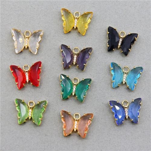 Messing Schmuck Anhänger, mit Glas, Schmetterling, goldfarben plattiert, DIY, keine, frei von Nickel, Blei & Kadmium, 23x18x6mm, ca. 100PCs/Tasche, verkauft von Tasche