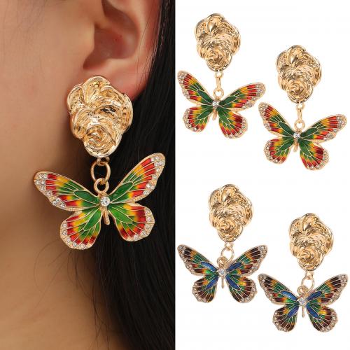 Boucles d'oreilles en alliage de zinc, papillon, Placage de couleur d'or, bijoux de mode & pour femme & émail & avec strass, plus de couleurs à choisir, protéger l'environnement, sans nickel, plomb et cadmium, 45mm, Vendu par paire