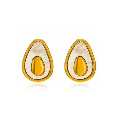 Roestvrij staal Stud Earrings, 304 roestvrij staal, met White Shell, Avocado, 18K verguld, mode sieraden & voor vrouw, gouden, 8x12mm, Verkocht door pair